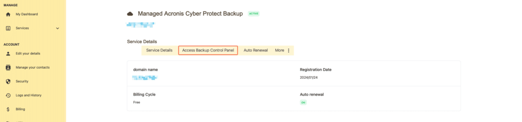 Access Backup Control Panel