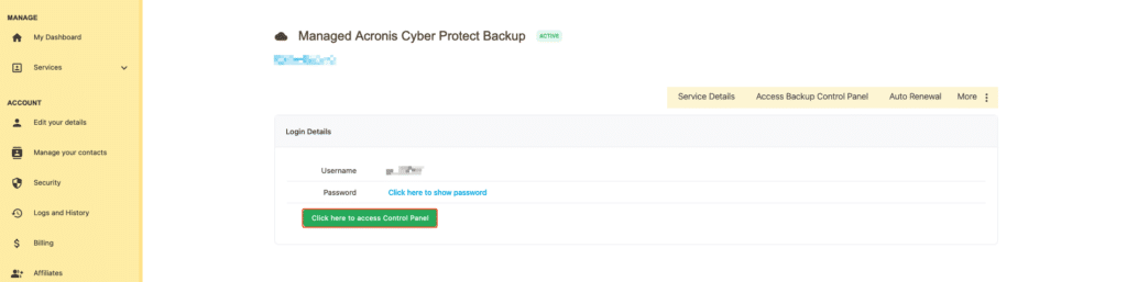Click here to access Control Panel