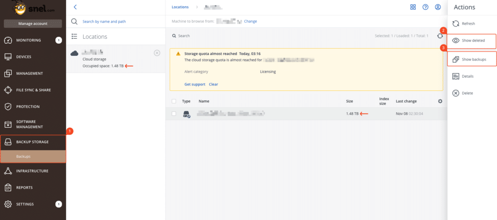 Checking backup size in Acronis Management Console