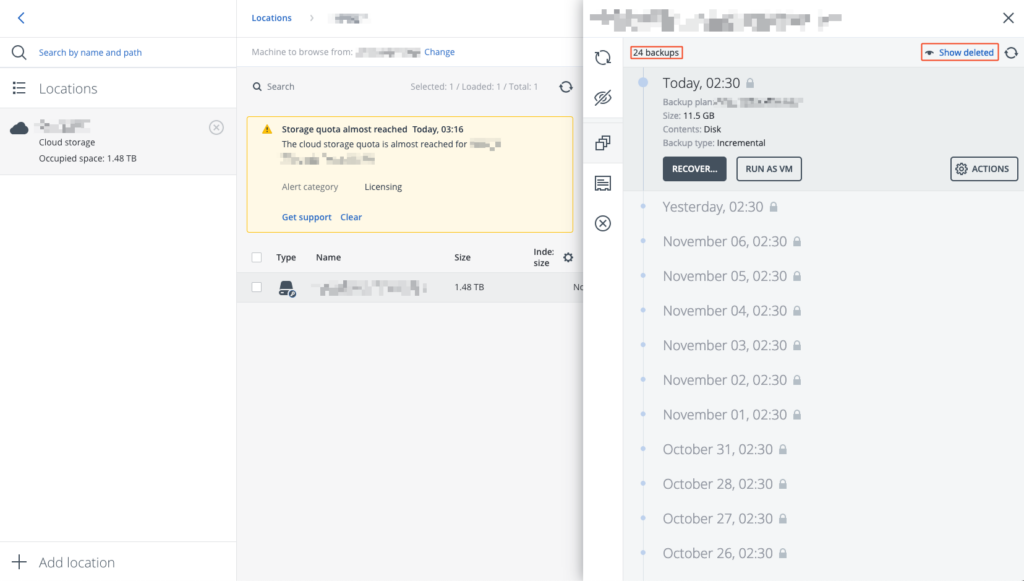 Viewing all individual backups in the Acronis Management Console