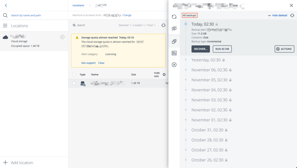 Viewing all individual backups including the deleted backups in the Acronis Management Console