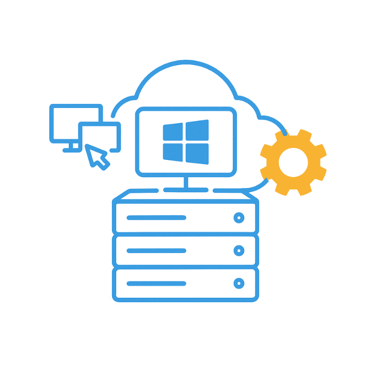 Windows VPS – fast, secure and familiar Blue line illustration: server stack with a monitor showing the Windows logo inside a cloud. Next to it are a remote-desktop icon, a gear, a