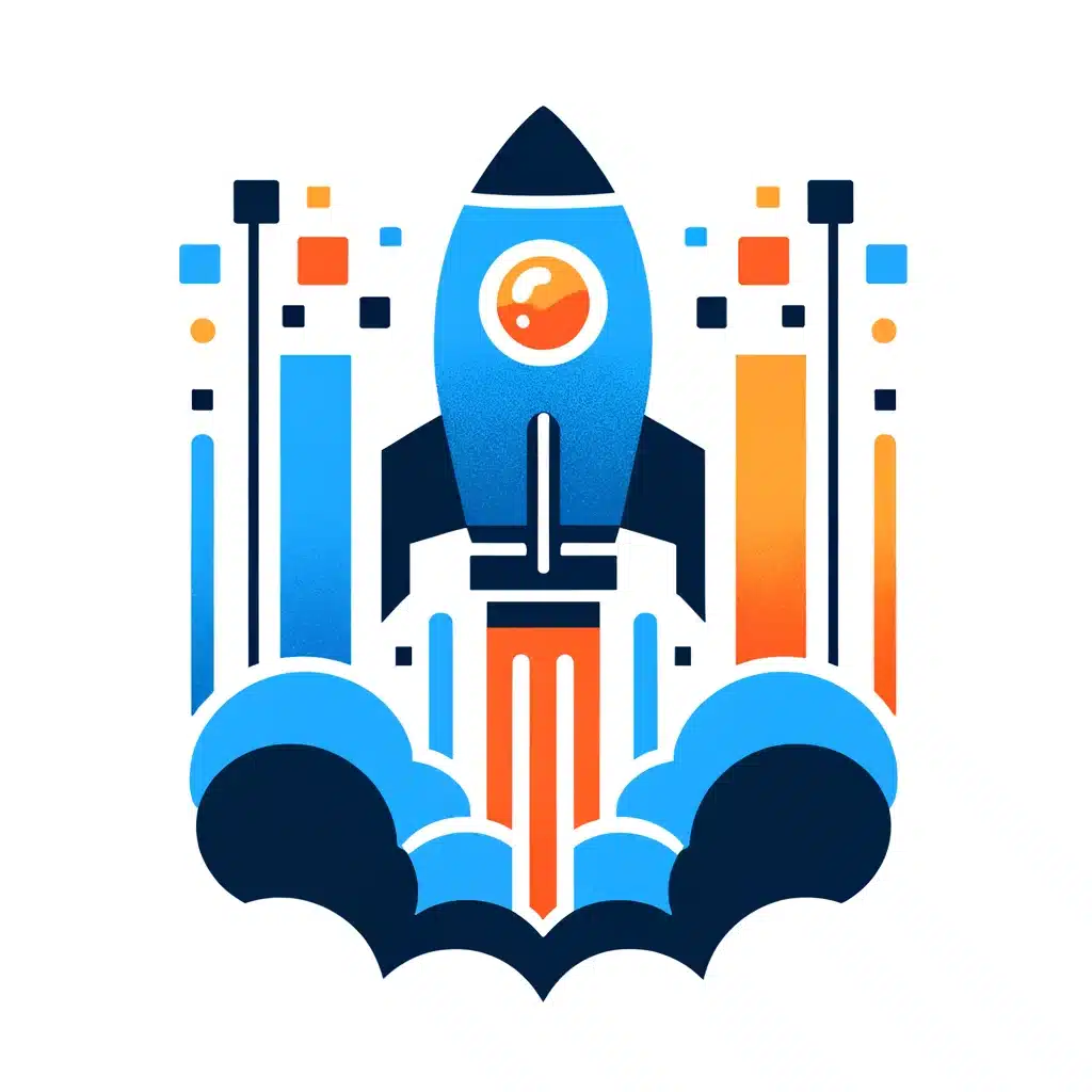 DALL·E 2024-04-08 15.44.42 - A minimalist rocket shooting upwards from the bottom of the image, leaving behind a trail of pixels or data in blue (#007BFF) and orange (#FFA500). Th