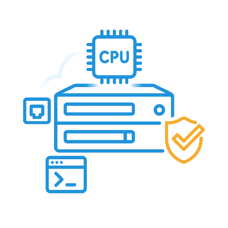 Dedicated servers: maximum CPU power and control Line icon of a dedicated server with a CPU chip, shield, network and terminal icons, and a lightning bolt—showing high performance, security, and full control at Snel.com.