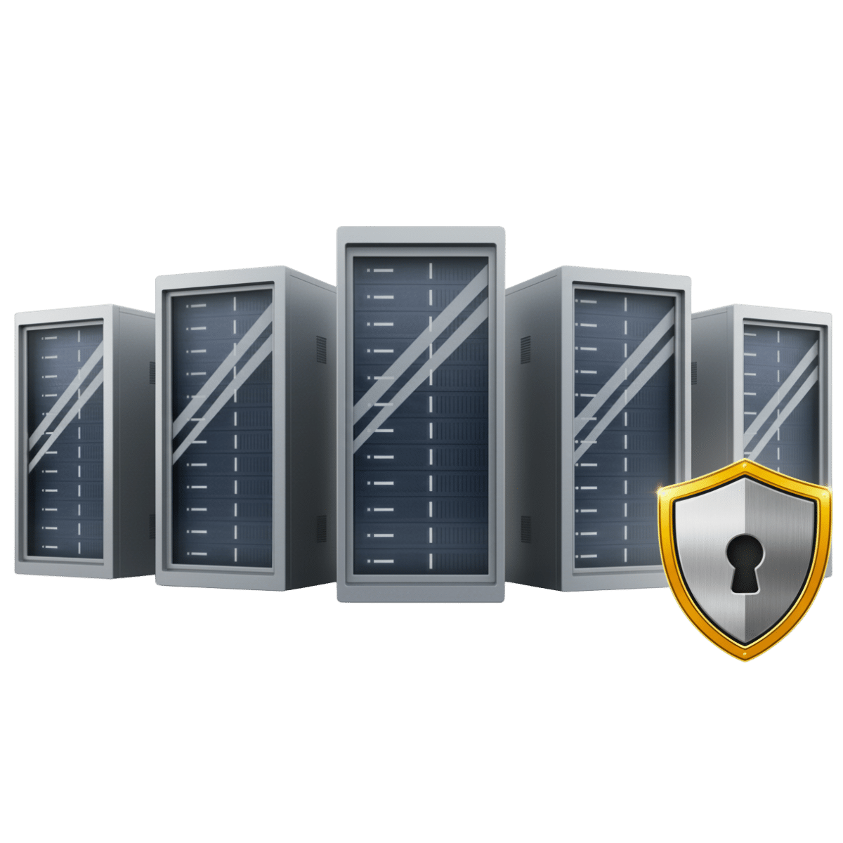 Enterprise Dedicated Servers- Beveiligde & Krachtige Hosting Fotorealistische, zilveren dedicated servers met afgeronde hoeken en een glanzend, robuust beveiligingsschild in tech-stijl.