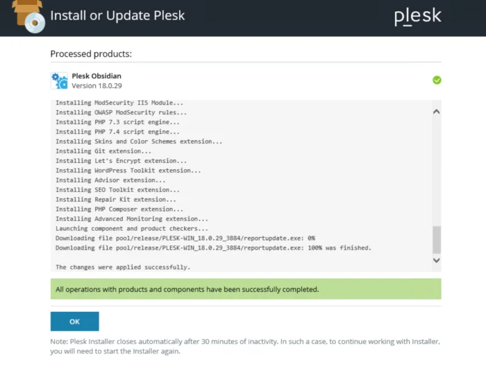Plesk finished downloading Plesk finished downloading