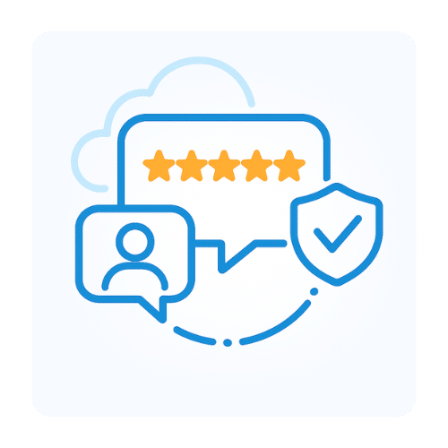 Customer reviews and ratings Line icon with five stars, a chat bubble with a person, and a shield check. Represents trusted customer reviews and service quality.
