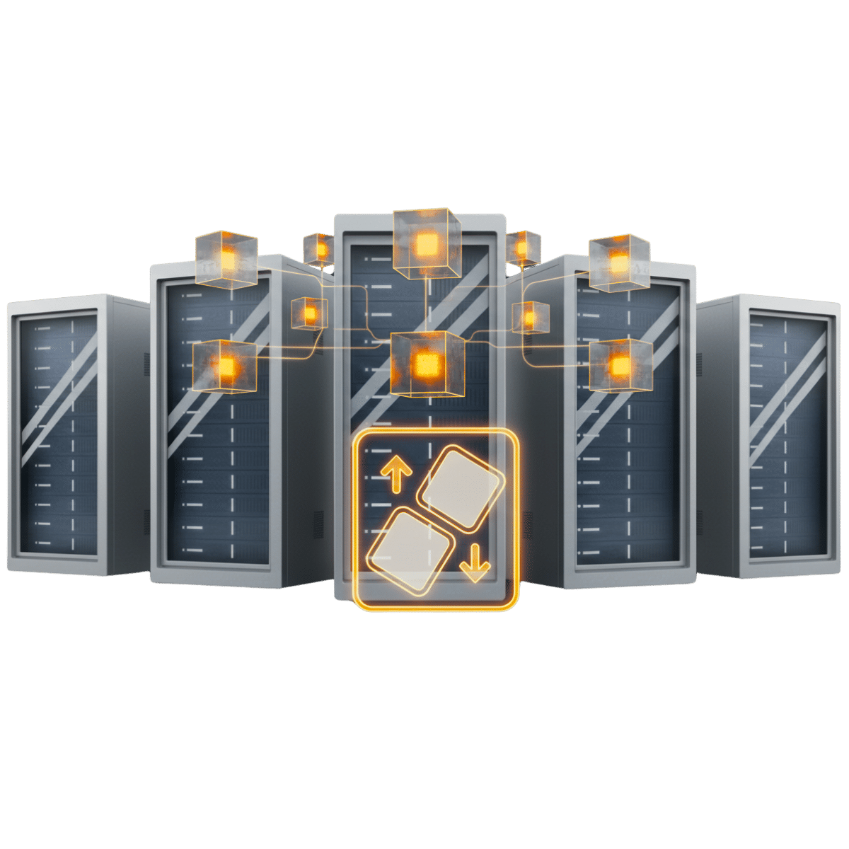 Fotorealistische zilveren servers die virtueel opbreken in zwevende kubussen om VPS-flexibiliteit te tonen, met schaalbaarheidssymbool.