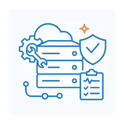 Managed VPS hosting: secure and fully managed Line icon of a server with a shield check, gear and wrench, and a checklist by a cloud. Represents secure, Snel.com-managed VPS with updates and monitoring.
