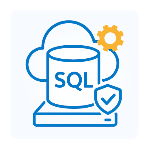 Simple blue line illustration: SQL database (cylinder) on a server, with a cloud behind it and a shield with a check mark.