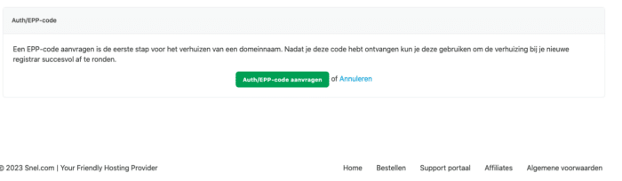 Klik op de groene kop Auth/EPP-code aanvragen