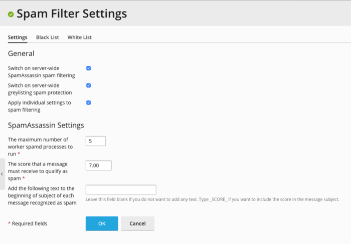 Plesk Obsidian Spam Filter Settings