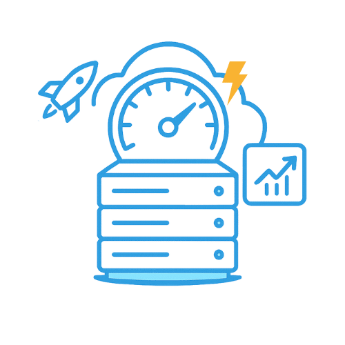 Pure Performance VPS – supersnel en krachtig Blauwe lijnillustratie: serverstack met snelheidsmeter in een cloud. Een raket en bliksem tonen snelheid. CPU-icoon en stijgende grafiek voor performance.