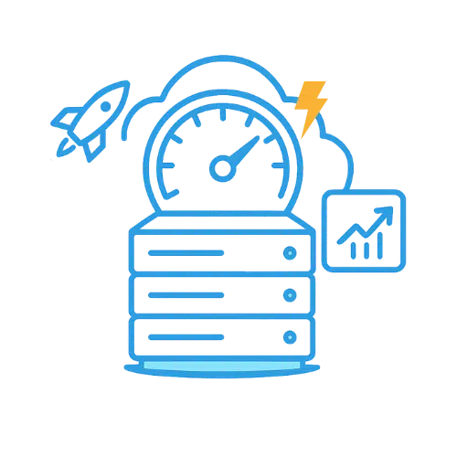 Blauwe lijnillustratie: serverstack met snelheidsmeter in een cloud. Een raket en bliksem tonen snelheid. CPU-icoon en stijgende grafiek voor performance.