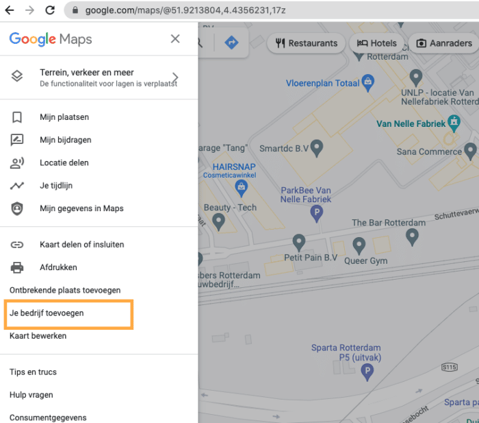 Google maps bedrijf toevoegen via menu