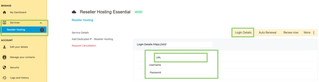 Plesk login details in client panel