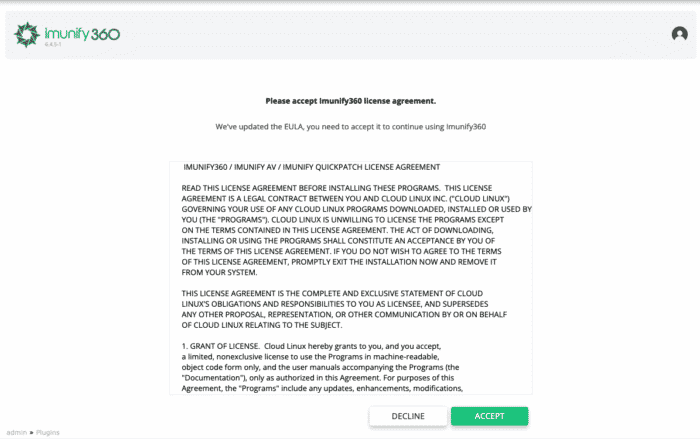 imunify 360 licence agreement screen