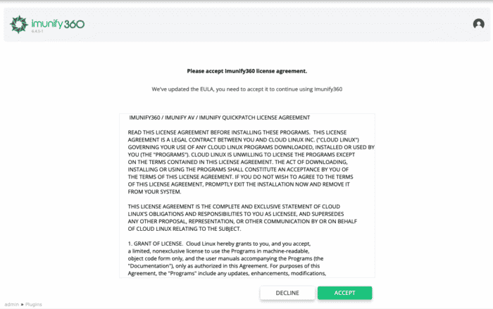 imunify360 licence overeenkomst scherm