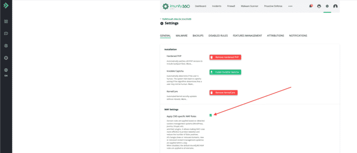waf regels in imunify360 scherm