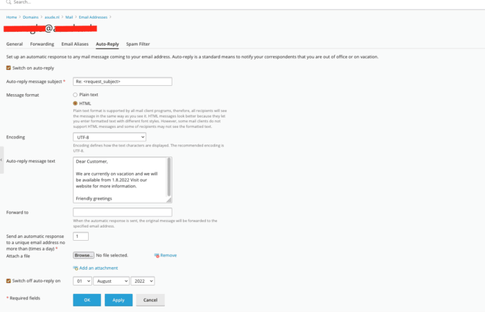 scherm auto-reply van e-mail inschakelen