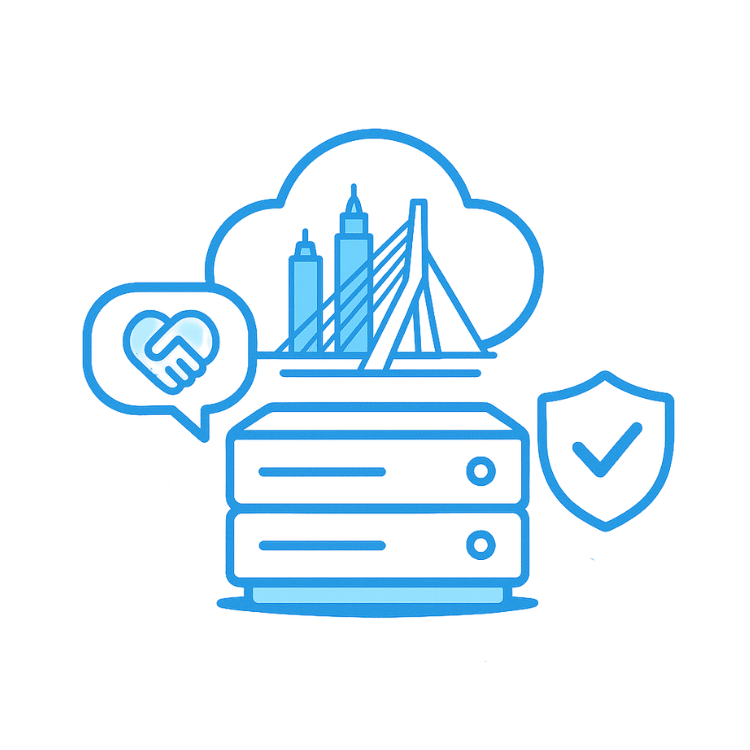 Snel.com – Jouw vriendelijke hostingpartner, 20+ jaar ervaring Vectorillustratie in Snel Blue: serverstack met daarboven een cloud met skyline en Erasmusbrug, plus handshake-icoon, schild met vinkje en “20+” badge—betrouwbare hosting en persoonlijke service.