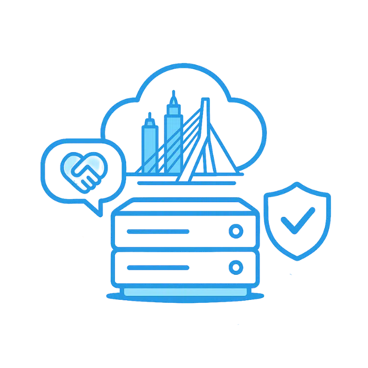 Vectorillustratie in Snel Blue: serverstack met daarboven een cloud met skyline en Erasmusbrug, plus handshake-icoon, schild met vinkje en “20+” badge—betrouwbare hosting en persoonlijke service.