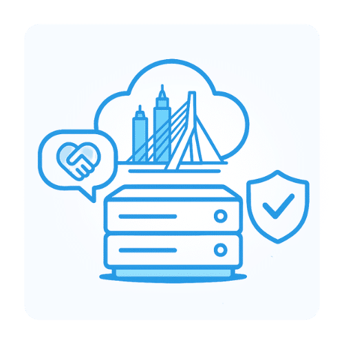 Your friendly hosting partner with 20+ years of experience Blue line illustration of a server stack. Above it is a cloud with a city skyline and the Erasmus Bridge. A handshake icon, a shield with a check mark, and a “20+” badge show trust and long experience.
