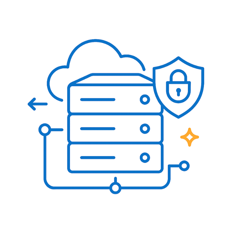 Line icon of a server stack with a shield and lock next to a cloud, showing safe and scalable VPS hosting from Snel.com.
