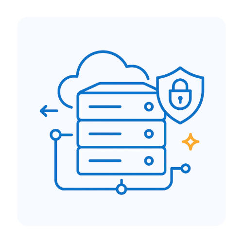 Fast and secure VPS hosting Line icon of a server stack with a shield and lock next to a cloud, showing safe and scalable VPS hosting from Snel.com.