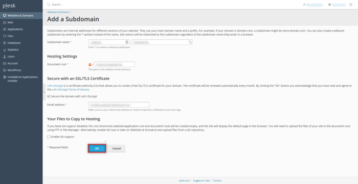 plesk add a subdomain