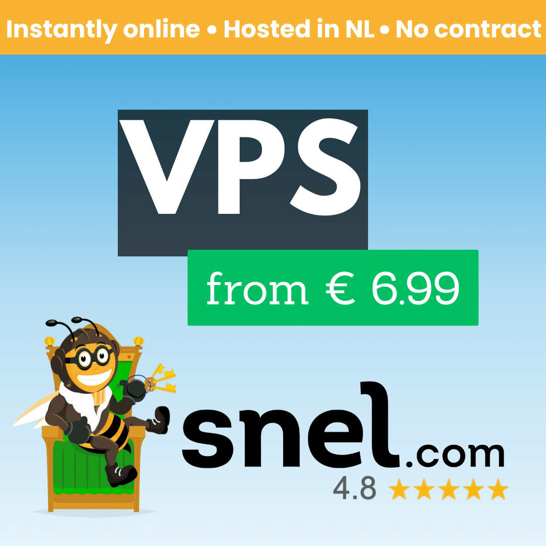 Snel.com banner showing “VPS from €9.99”, instantly online, hosted in the Netherlands, no contract required.