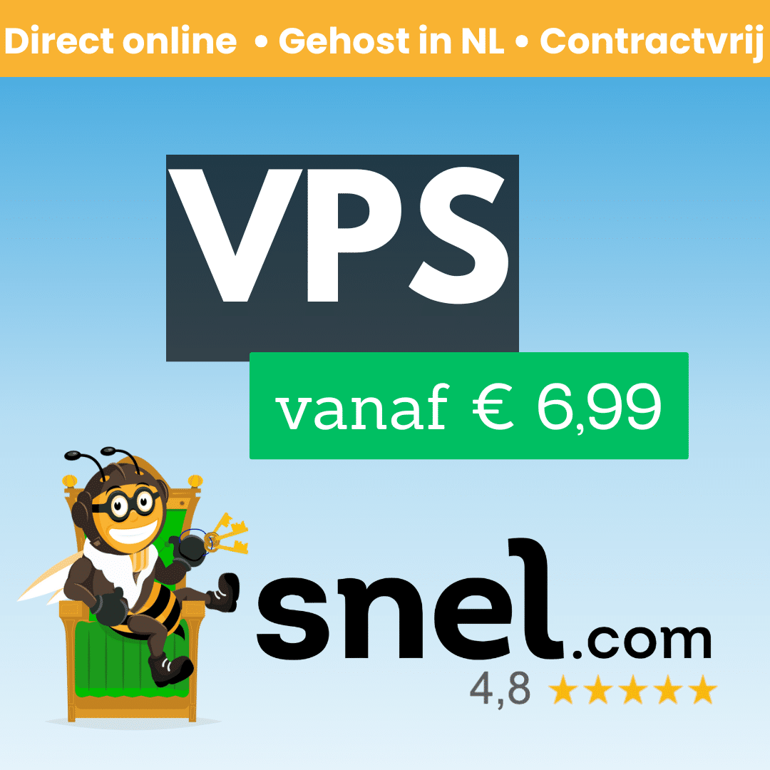 Banner van Snel.com met tekst “VPS vanaf € 9,99”, direct online, contractvrij en gehost in Nederland.