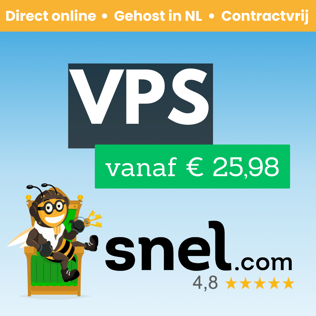 Banner van Snel.com met tekst “VPS vanaf € 25,98”, direct online, contractvrij en gehost in Nederland.