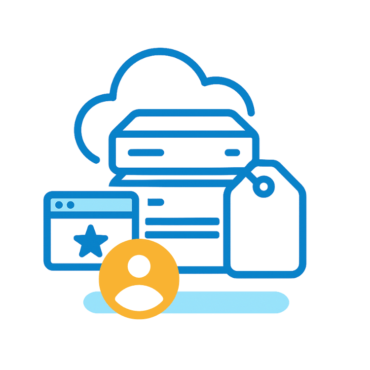 Blue line illustration: a server with a cloud and a large price tag. On the left is a browser window with a star, and below is a user icon. Simple image for white-label reseller hosting.