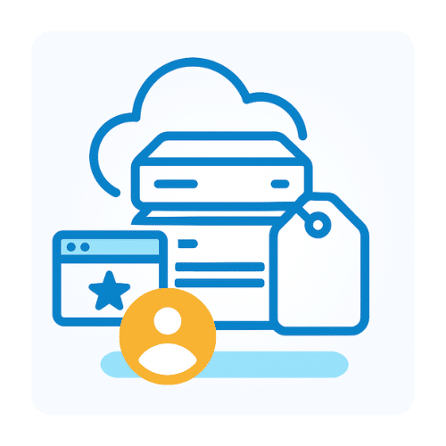 White Label Reseller Hosting – verkoop hosting onder je eigen merk Blauwe lijnillustratie: server met cloud en groot prijslabel. Links een browservenster met ster en onderaan een gebruikersicoon. Simpel beeld voor white-label reseller hosting.