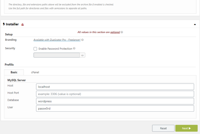 Duplicator Create Package Duplicator MySQL settings
