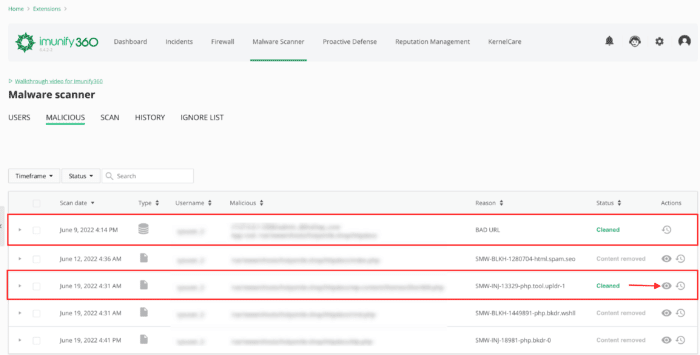 imunify360 infected file cleanup