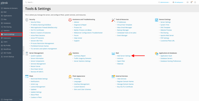 plesk dashboard mail