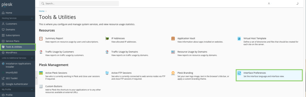 plesk interface preferences screengrab