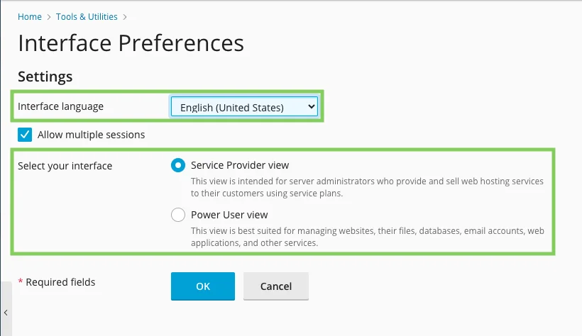 Plesk interface preferences screenshot 2