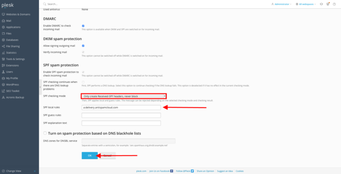 plesk spf spam protection