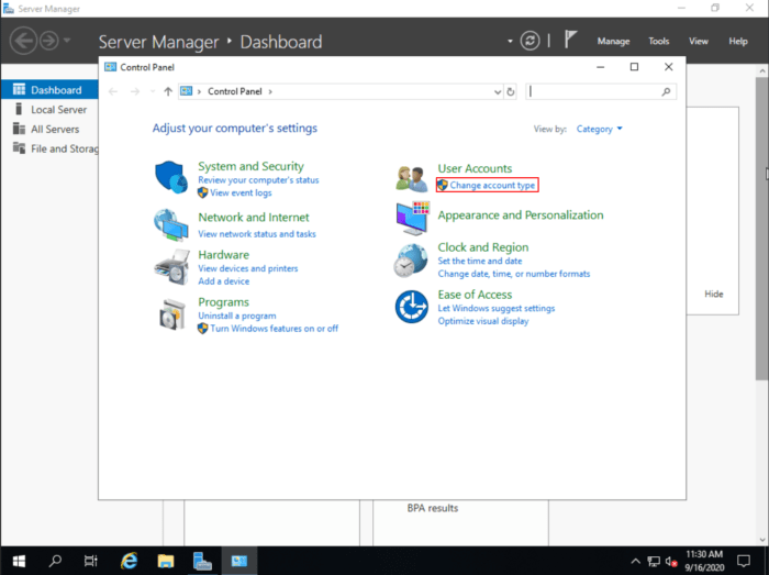 Windows Server 2019 change account type