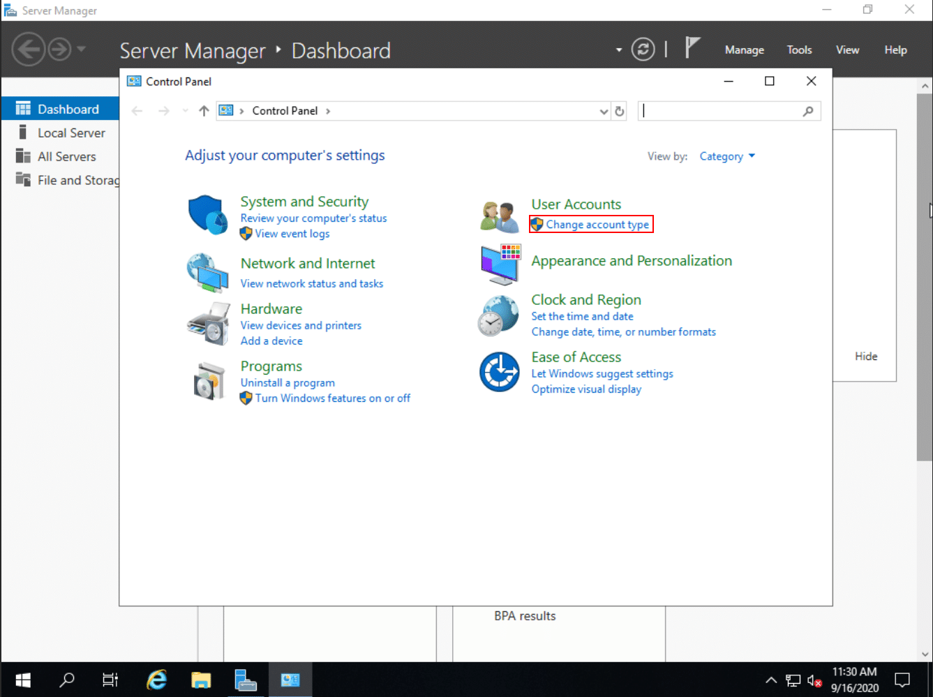 Change password in Windows Server 2019