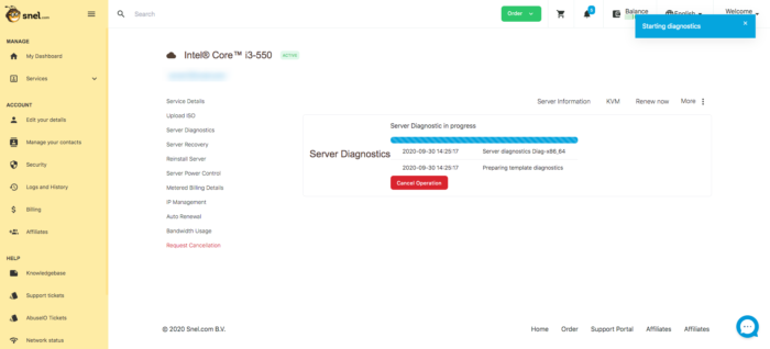 Clientarea server diagnostics loading