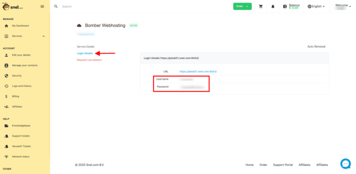 client area credentials plesk