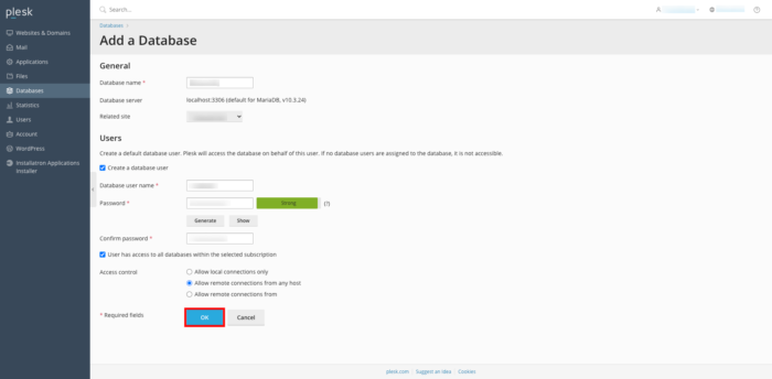 plesk add a database