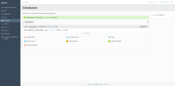 plesk database created