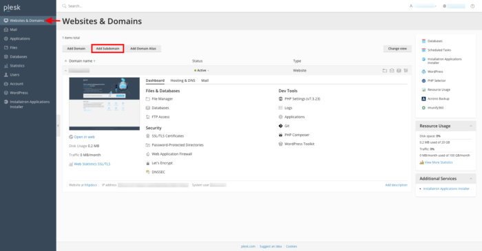 plesk create subdomain