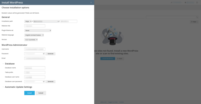 Plesk install wordpress screen