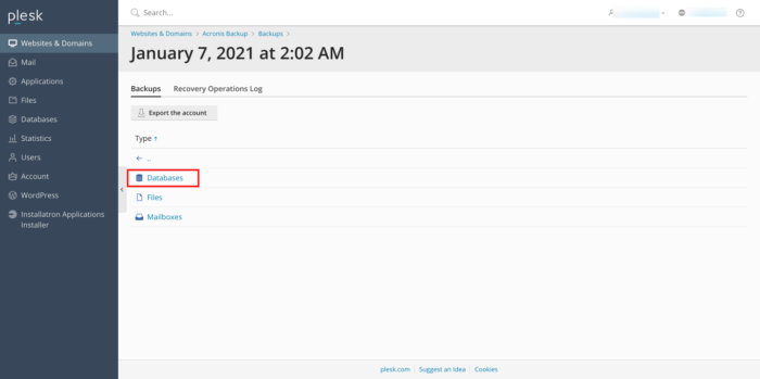 Acronis Plesk database Acronis Plesk database